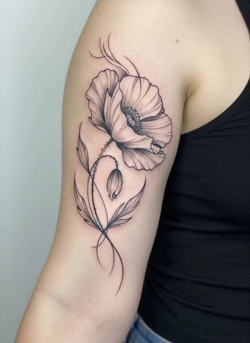 August Poppy Artistic Line Tattoo