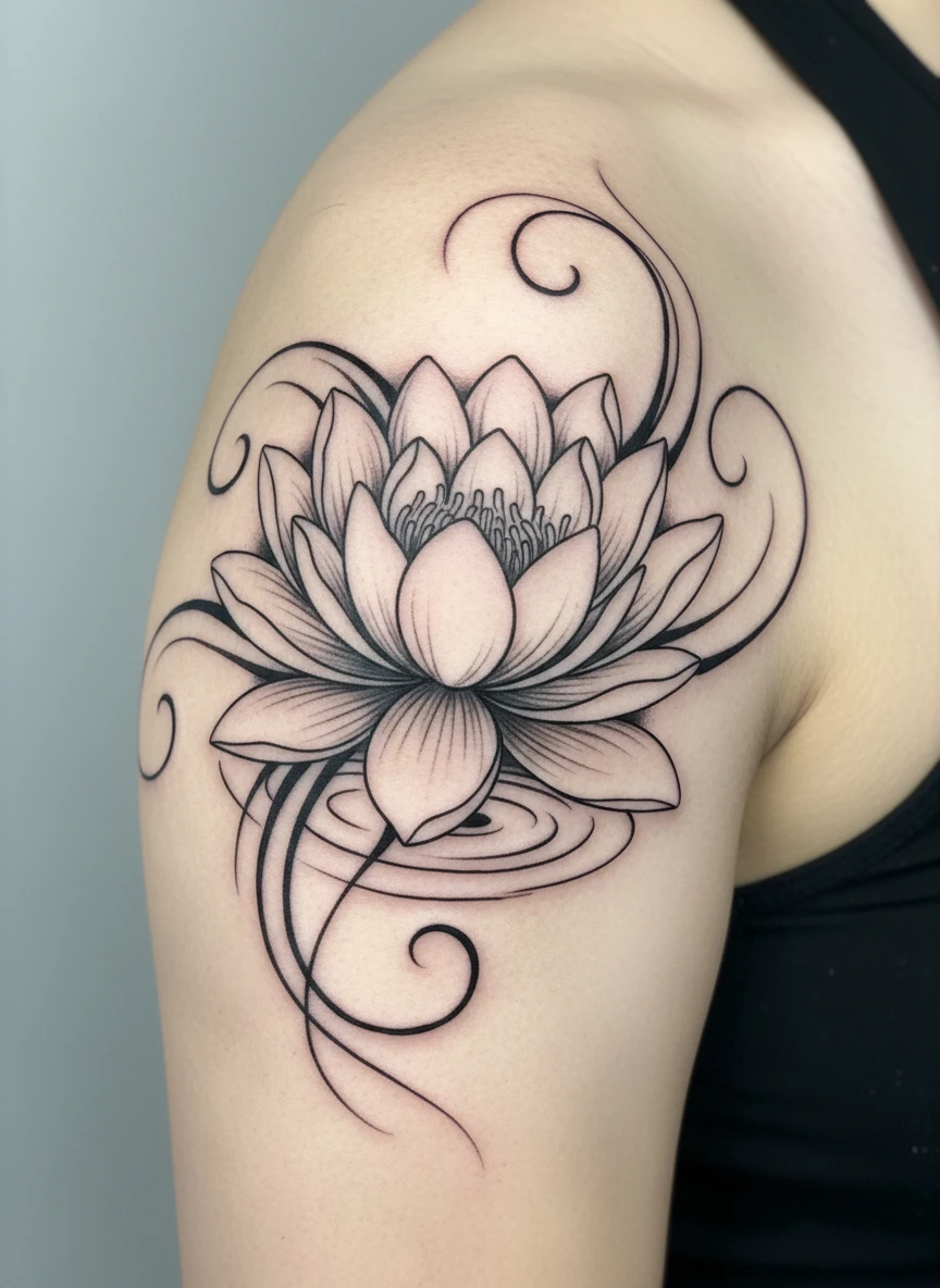 July Water Lily Flowing Ink Tattoo