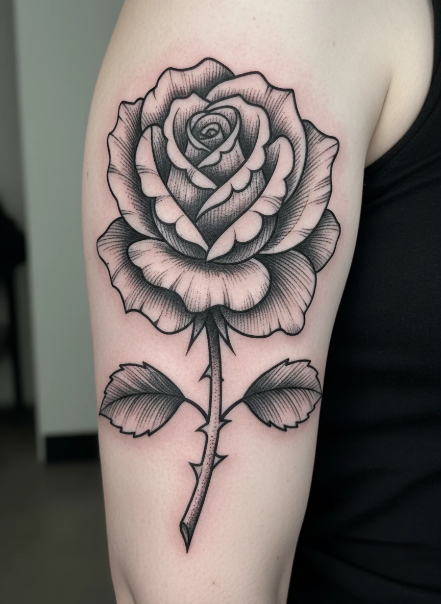 June Rose Classic Blackwork Tattoo